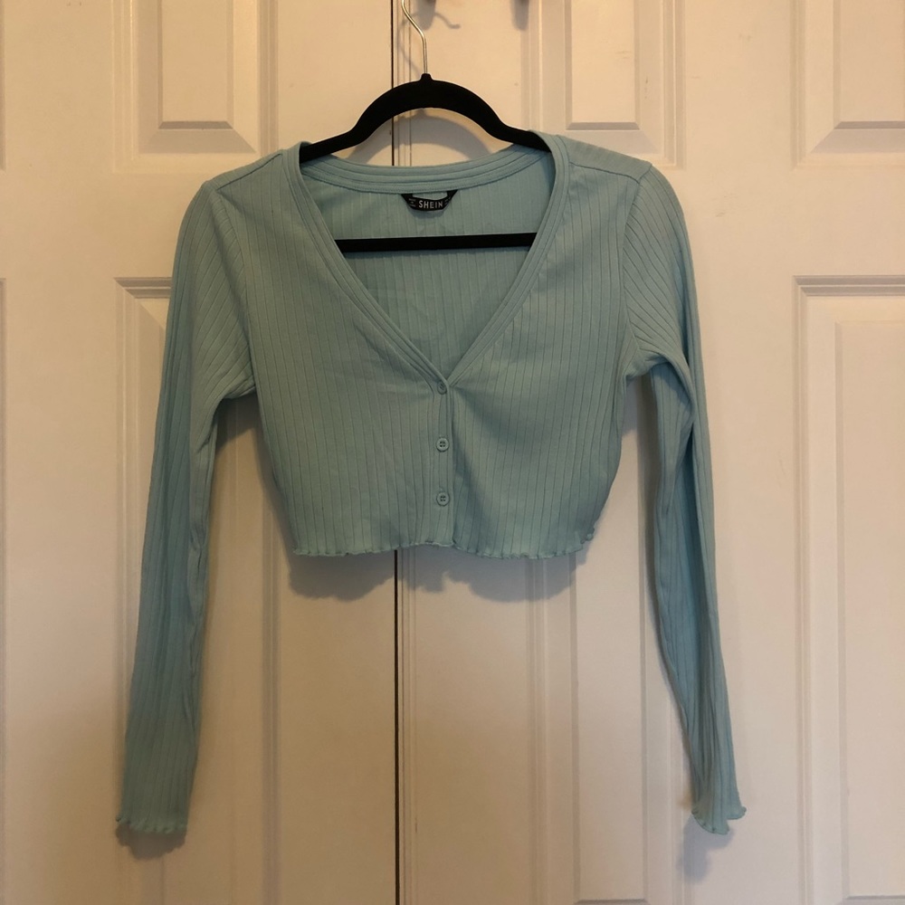 Shein | Crop Long Sleeve V Neck Ribbed Button Up Blouse XS